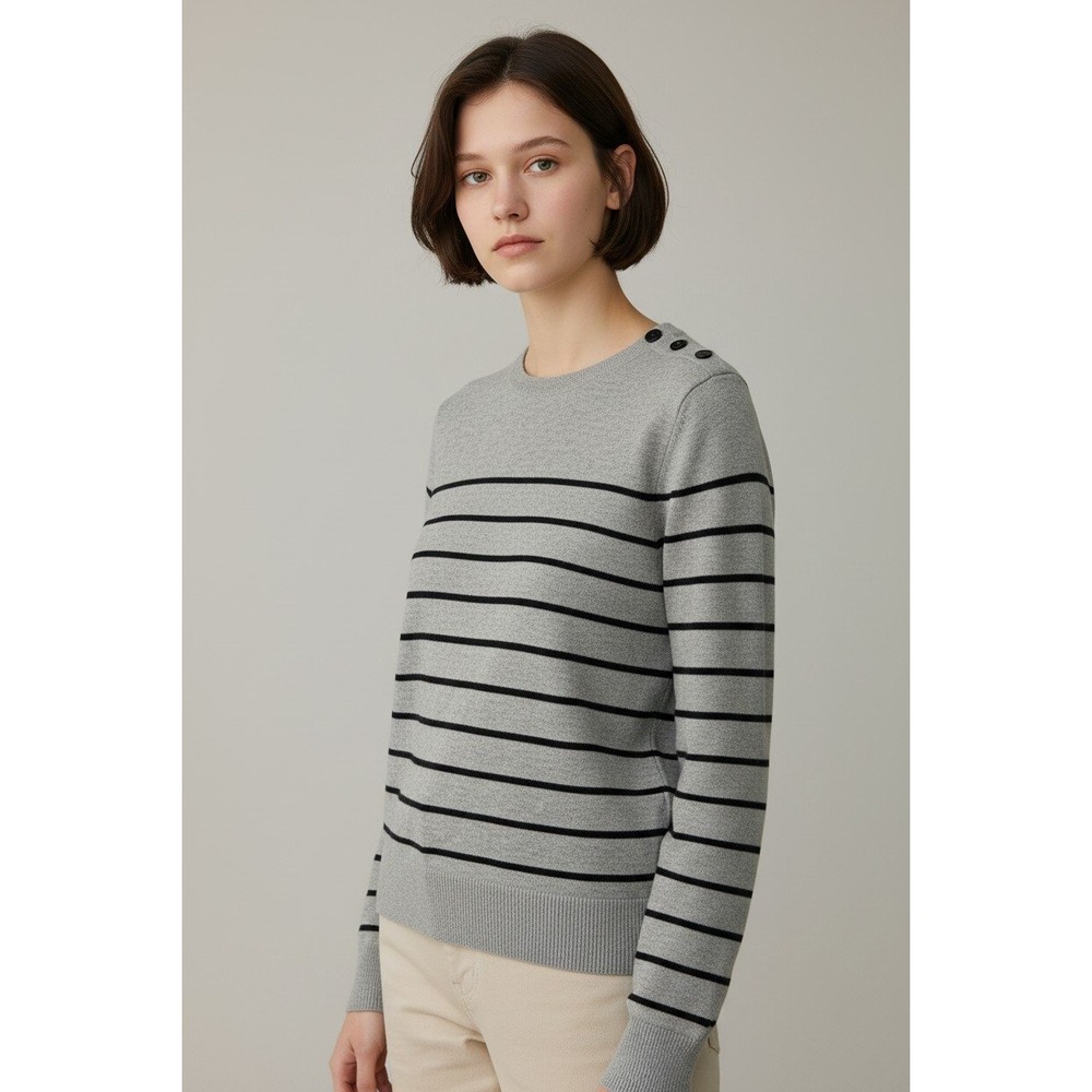 Nautica‎ Gray Navy Striped Cotton Crewneck Sweater Shoulder Buttons Women's M